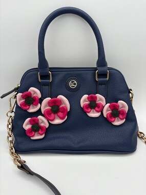 Liz Clairborne Nayla Mini Dome Satchel Navy Blue Handbag Pink Flowers Crossbody